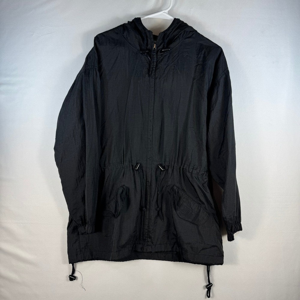 Atlantic Beach Black Nylon Windbreaker Hooded Full Zip Jacket Medium 1229